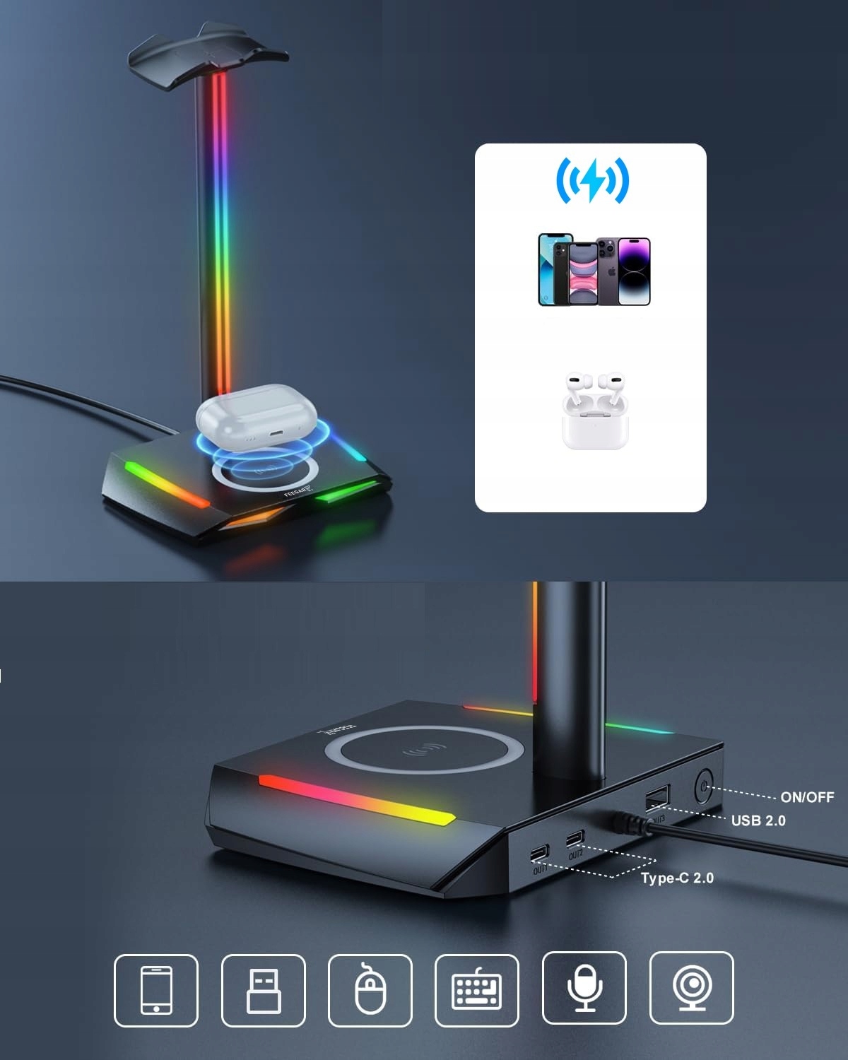 FEEGAR HOLD ausinių stovas RGB foninis apšvietimas HUB 3x USB Type-C induction CE sertifikatas