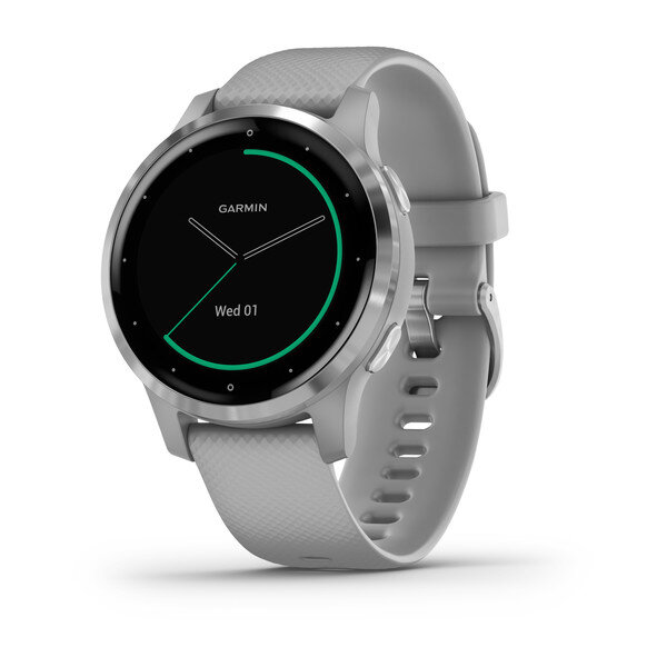 Garmin Vivoactive 4S, Silver Stainless Steel Bezel with Powder Gray Case and Silicone Band