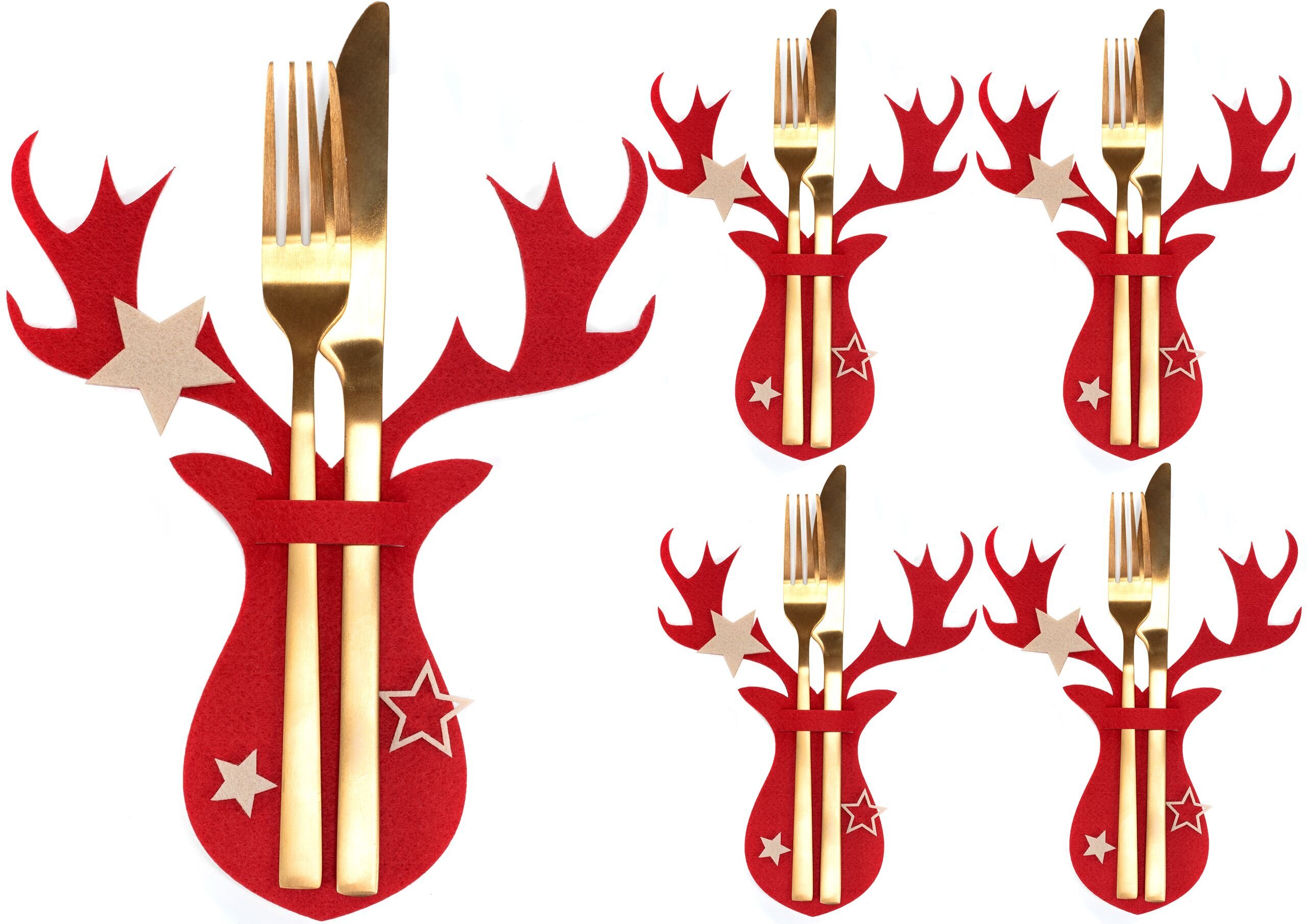 Kalėdinis stalo įrankių dėklas "Elnias", 4 vnt., raudonas